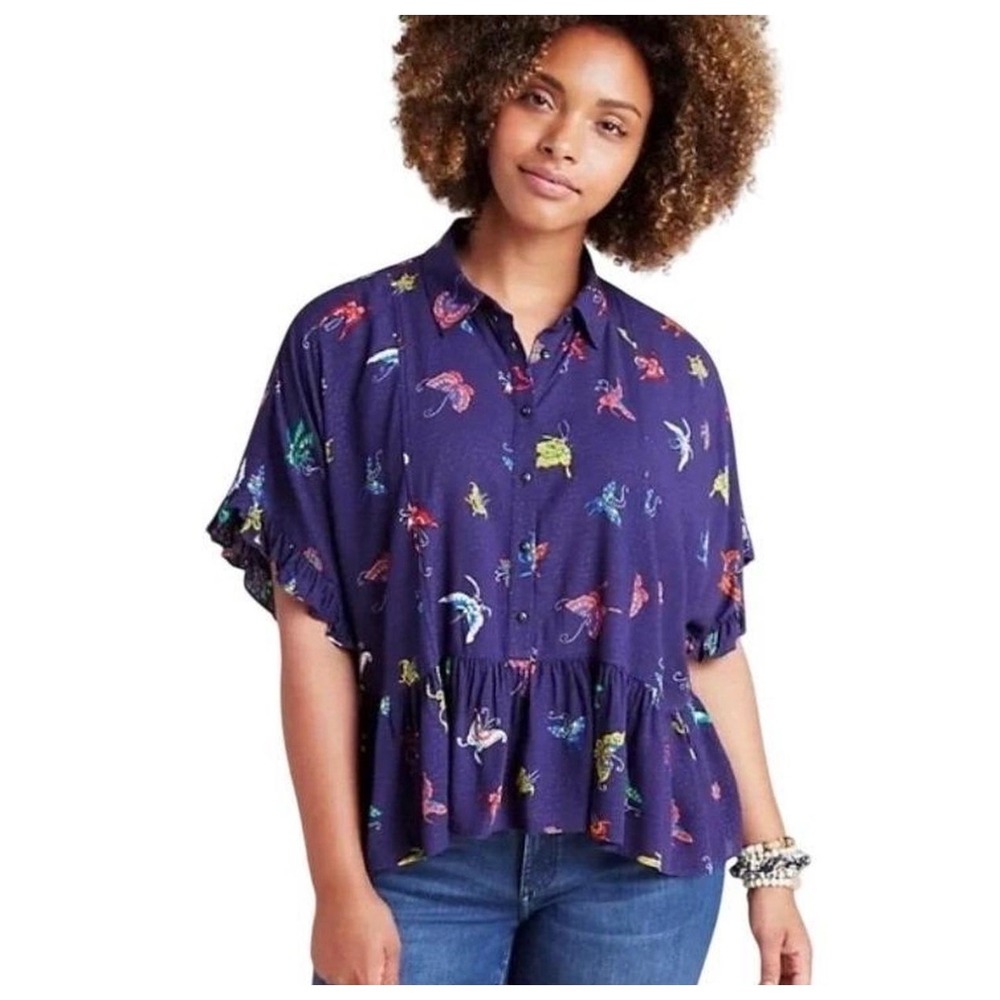 Maeve Anthropologie Navy Butterfly Print Peplum Button Down Top Large